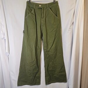 Forever 21 Womens Olive Green Wide Leg Carpenter Utility Pants Contrast Stitch M